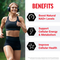 Woman running in headphones beside NMN benefits: boost natural NAD+ levels, support cellular energy, improve cell health.