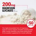 Magnesium glycinate powder spilling from scoop with 200mg per serving and 50 servings for sleep, muscle relaxation, and mood
