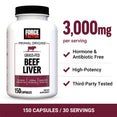 Grass-Fed Beef Liver bottle with 3,000mg per serving, 150 capsules, and key benefits listed.