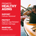 Woman kayaking with text promoting healthy aging by supporting cellular renewal, protecting cells, and maintaining cell health