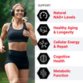 Woman jogging outdoors beside icons showing support for NAD+ levels, healthy aging, cellular repair, cognitive, and metabolic health.