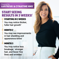 Woman smiling with timeline showing Hair Growth Accelerator Pro results starting in 3 weeks through month 3