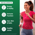 Woman running outdoors with icons showing supplement supports energy, immune function, hair, skin, nails, and joints