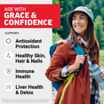 Woman hiking outdoors with four Glutathione soft chew benefits: antioxidant protection, skin/hair/nails, immune health, liver detox
