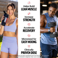 Man and woman exercising with text highlighting muscle building, strength, recovery, easy mixing, and proven dosing benefits.