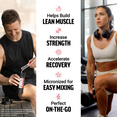 Athletic man and woman in gym with creatine shaker, text listing lean muscle, strength and recovery benefits.