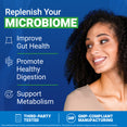 Woman smiling with product benefits listed: improve gut health, healthy digestion, support metabolism.

