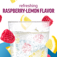 Refreshing raspberry-lemon flavor with vibrant images of raspberries and lemon slices in a glass of water.