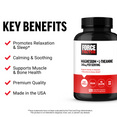 Magnesium + L-Theanine supplement bottle with key benefits: promotes relaxation, supports muscle health, premium quality.