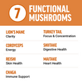 List of seven functional mushrooms with associated health benefits, including clarity, energy, and immune support.