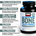 Force Factor Bone Health Plus Strength bottle listing calcium citrate, vitamin D3, MenaQ7 vitamin K2, boron, and vitamin C benefits