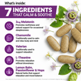 Seven calming ingredients graphic listing melatonin, chamomile, valerian, L-theanine, lemon balm, passionflower, hops.