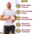 Man jogging with icons highlighting better blood pressure, heart energy, and nitric oxide production support.