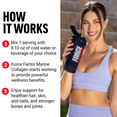 Smiling woman holding Force Factor shaker bottle with How It Works instructions to mix 1 serving with cold water for wellness benefits
