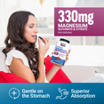 Woman taking Force Factor Ultimate Magnesium soft chew with text showing 330mg magnesium per serving and absorption claims.