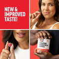 Two individuals hold supplements, promoting a new flavor of creatine gummy with a vibrant red background.