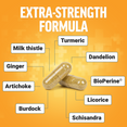 Liver supplement capsules with labeled ingredients including milk thistle, turmeric, ginger, artichoke, dandelion, and BioPerine
