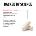 Two white capsules with text highlighting a 2-in-1 formula for muscle relaxation and sleep support.