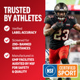 Football player running with ball beside text noting NSF Certified Sport, third-party tested, and screened for banned substances.
