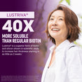 Woman smiling outdoors, promoting Lustriva as 40x more soluble than regular biotin