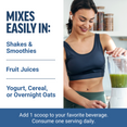 Smiling woman blending a green smoothie, with text listing how colostrum powder easily mixes into shakes, juices, and yogurt.