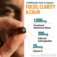 Hand holding a mushroom gummy with 1,000mg mushroom blend, 300mg KSM-66 Ashwagandha, and 20mcg Vitamin D callouts
