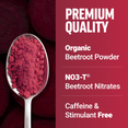 Premium quality panel showing beetroot powder spoon and text: organic beetroot, NO3-T nitrates, caffeine free.