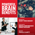 People working and training beside text promoting brain benefits including memory, focus, and performance under pressure.