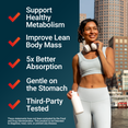 Smiling woman in workout gear holding water bottle; checklist of metabolism, lean mass, and absorption benefits