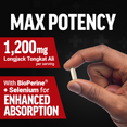 Hand holding Longjack Tongkat Ali Max capsule highlighting 1,200mg dose with BioPerine and selenium.
