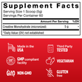 Supplement facts show 5g micronized creatine per scoop, made in the USA, GMP compliant, non-GMO, vegetarian, and gluten-free.