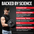 Backed by science graphic with man lifting weight and Test X180 Boost key ingredient list.