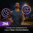 Man running at night with ZMA label highlighting zinc and magnesium to support sleep and hormone balance
