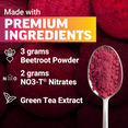 Premium ingredients graphic showing beets, beetroot powder in spoon, and text listing beetroot powder, nitrates, and green tea extract.