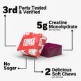 Two creatine soft chews with callouts: 5g creatine, no sugar, third-party tested, 2 chews per serving