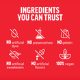 Red background with icons and text: No dyes, preservatives, gelatin, sweeteners, flavors; 100% vegan; “Ingredients You Can Trust.”