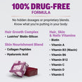 100% drug-free formula listing Lustriva biotin-silicon, collagen peptides, hyaluronic acid, and hair, skin, and nails vitamins
