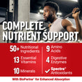 Man lifting barbell with text promoting complete nutrient support including vitamins, minerals, and amino acids.