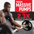 Muscular athlete performing barbell curls with headline promoting massive muscle pumps
