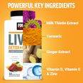 Liver Detox+ bottle graphic highlighting key ingredients milk thistle, turmeric, ginger, and vitamins D, E, and zinc.