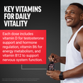 Smiling man holding Test X180 Boost beside text about vitamins D, B6, and B12 for daily vitality.
