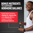 Smiling man holding Test X180 Legend with text about vitamins D, B6, and B12 for hormonal balance.