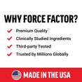 Why Force Factor infographic highlighting premium quality, clinically studied ingredients, third-party tested, trusted globally, and made in the USA
