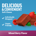 Mixed berry soft chew with Force Factor branding, surrounded by fresh berries, labeled individually wrapped and vegan friendly.