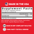 Supplement facts panel showing 10mg Spermidine per serving, with GMP and third-party tested badges and Made in the USA claim