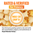 MGO 130 UMF 5+ graphic showing potency and grading of Manuka Honey.