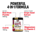 Total Beets label with callouts for 4 main ingredients: beet root powder, grape seed extract, CoQ10, and magnesium with vitamin C