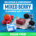 Strawberries, raspberries, blackberries, and blueberries beside a Force Factor soft chew, promoting mixed berry flavor and sugar-free formula