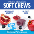 Blueberry pomegranate soft chews calling out “no sticky mess” and “individually wrapped.”