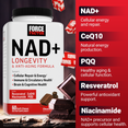Force Factor NAD+ Longevity supplement bottle with key ingredients NAD+, CoQ10, PQQ, Resveratrol, and Niacinamide
